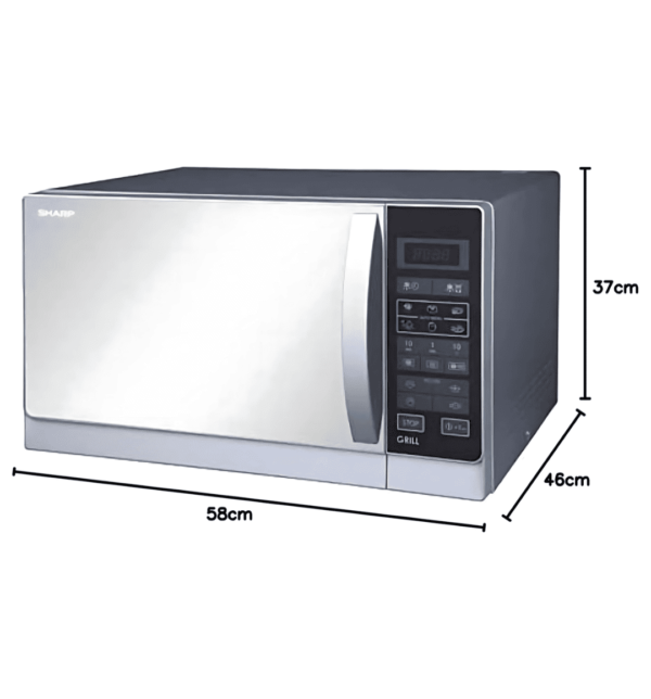 "Sharp R75MRS 25L Microwave Oven with Grill, 900W power, 11 power levels, 8 auto programs, child lock, and timer function in a sleek silver design."
