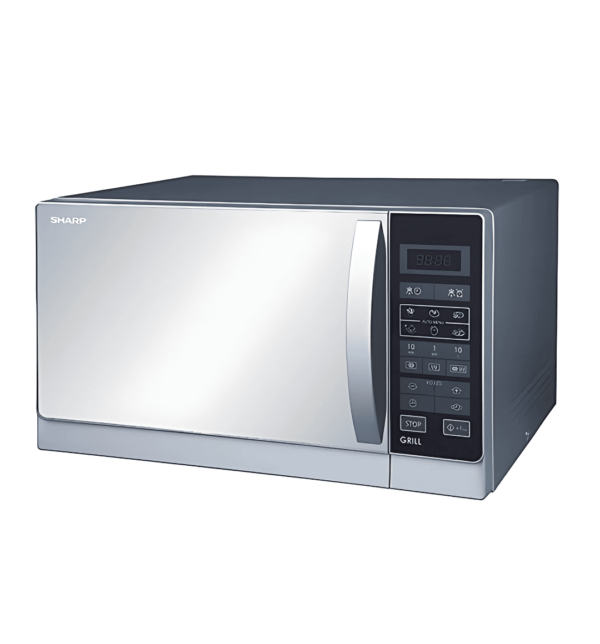 "Sharp R75MRS 25L Microwave Oven with Grill, 900W power, 11 power levels, 8 auto programs, child lock, and timer function in a sleek silver design."