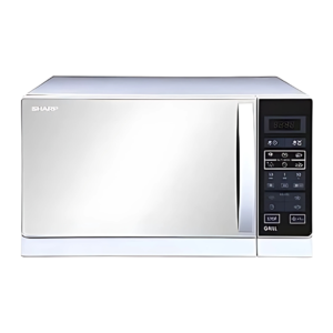 "Sharp R75MRW 25L Microwave Oven with 900W power, 1000W grill, mirror finish door, child lock, timer function, and 6 auto-cooking menus."