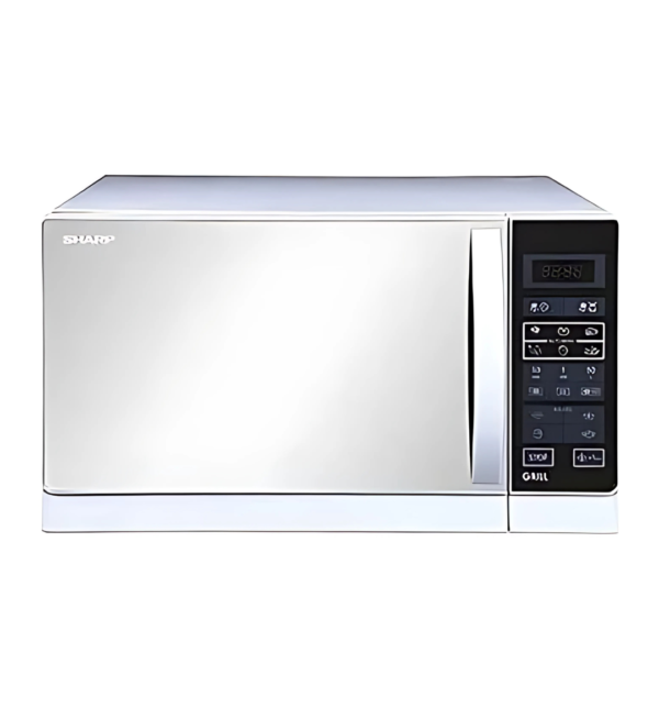 "Sharp R75MRW 25L Microwave Oven with 900W power, 1000W grill, mirror finish door, child lock, timer function, and 6 auto-cooking menus."