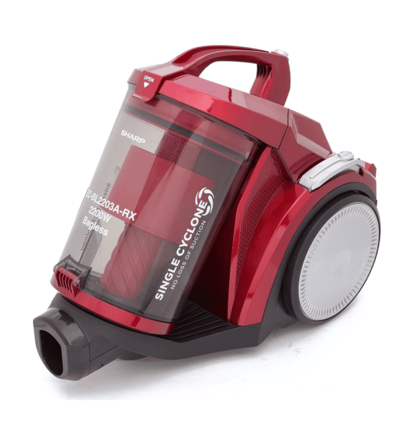 Sharp EC-BL2203A-RZ 2200W bagless canister vacuum cleaner featuring silent technology, a HEPA filter, a 3L dust cup, and variable power control for powerful, quiet cleaning.