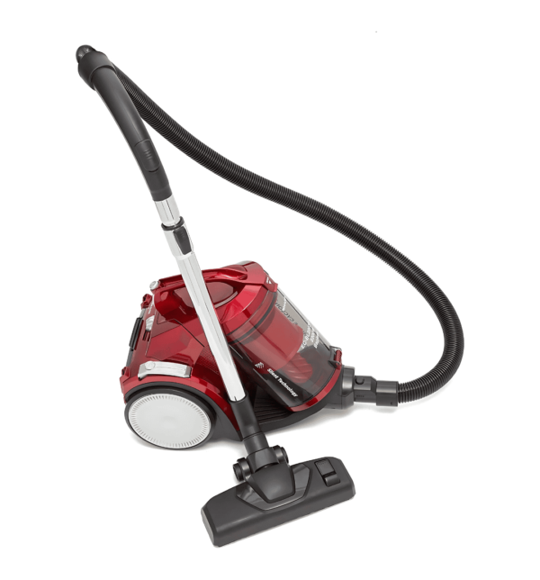 Sharp EC-BL2203A-RZ 2200W bagless canister vacuum cleaner featuring silent technology, a HEPA filter, a 3L dust cup, and variable power control for powerful, quiet cleaning.