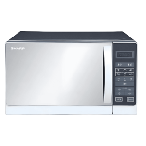 "Sharp R-20MRS 20L Microwave with digital control, 800W power, 6 cooking programs, weight defrost, and child lock in a sleek silver finish."