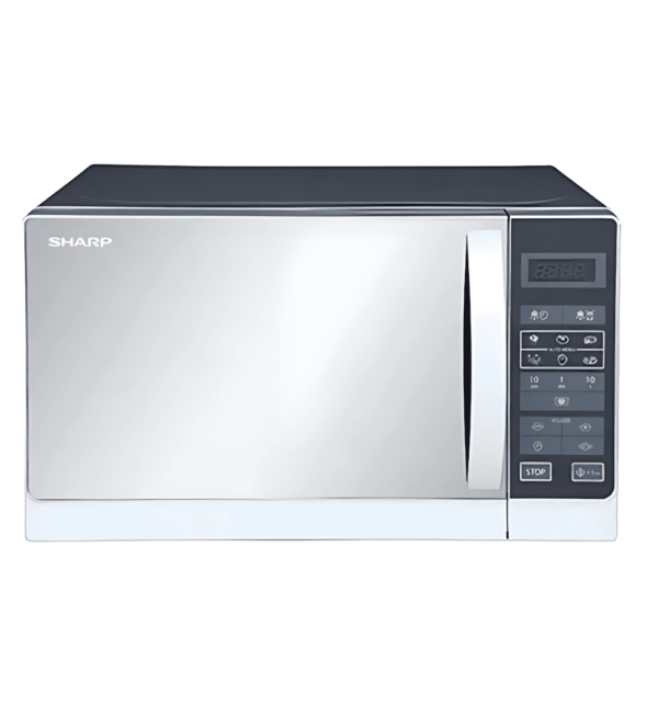 "Sharp R-20MRS 20L Microwave with digital control, 800W power, 6 cooking programs, weight defrost, and child lock in a sleek silver finish."