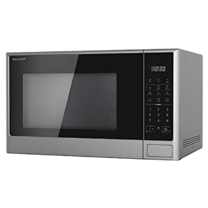 "Sharp 28L Microwave (R-28CT-S) in silver with touch control, push-button door, LED display, turntable, defrost, and child lock features."