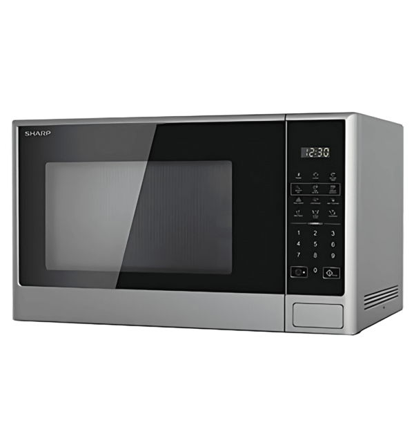 "Sharp 28L Microwave (R-28CT-S) in silver with touch control, push-button door, LED display, turntable, defrost, and child lock features."