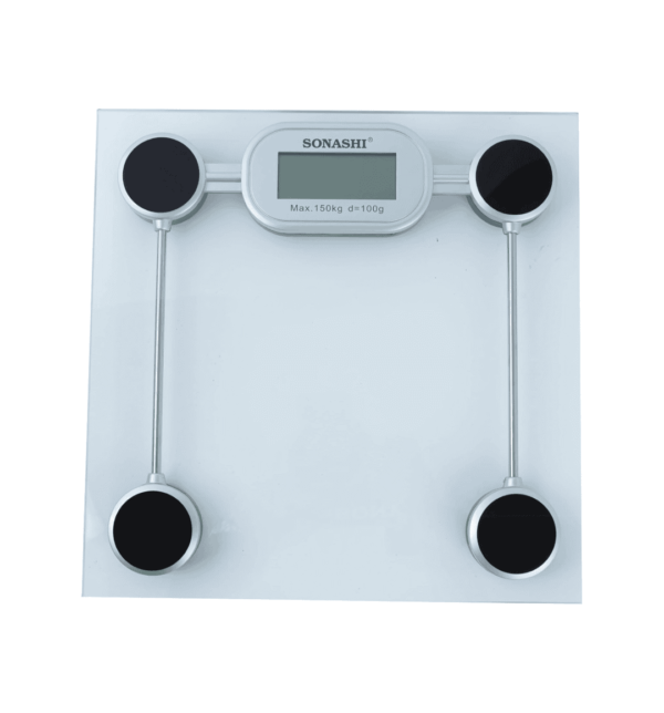 Sonashi Digital Bathroom Scale SSC-2208 with tempered glass, digital display, and 4 precision strain gauge sensors for accurate weight measurement.