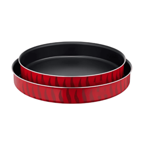TEFAL Tempo Flame 2-piece ovenware set with 30cm and 34cm non-stick kebbe dishes, designed for even heat distribution and easy cleanup.