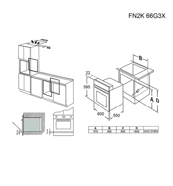 "Tecnogas FN2K66G3X 60cm Built-In Gas Oven with convection fan, cooling fan, digital timer, and stainless steel finish for professional cooking performance."