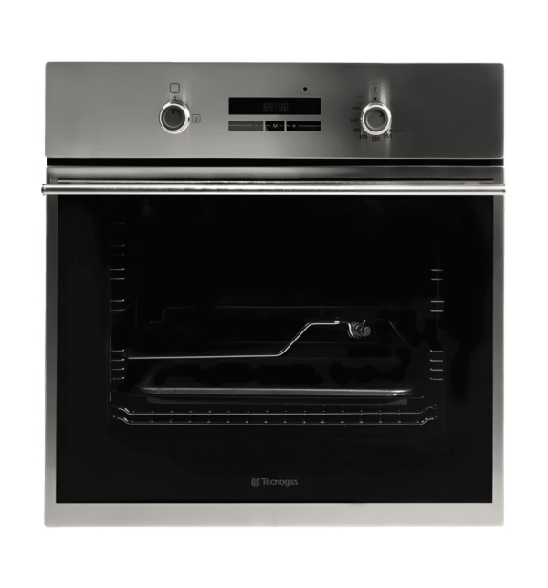 "Tecnogas FN2K66G3X 60cm Built-In Gas Oven with convection fan, cooling fan, digital timer, and stainless steel finish for professional cooking performance."
