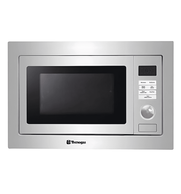 "Tecnogas MN0K63X Built-in Microwave 25L with grill, digital controls, stainless steel cavity, push-button door, quick start, and auto cooking menu."