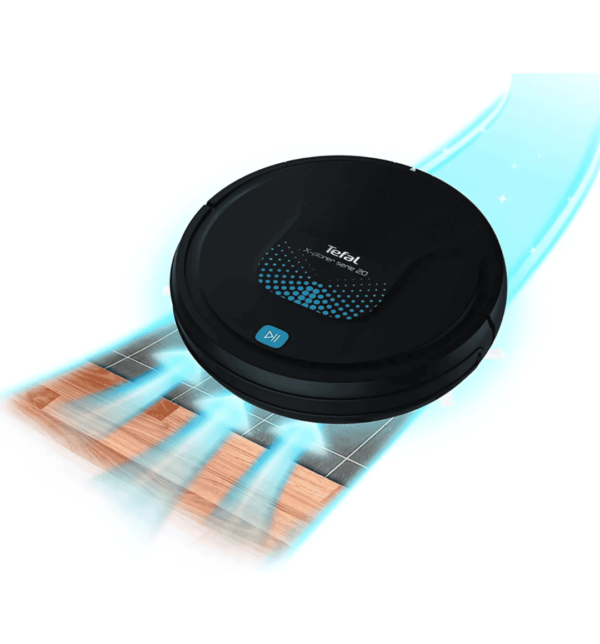 Tefal RG6871WH X-Plorer Series 20 Wet & Dry Robot Vacuum Cleaner with 150-min runtime, Turbo Brush, infrared sensors, and self-charging function for hard floors.