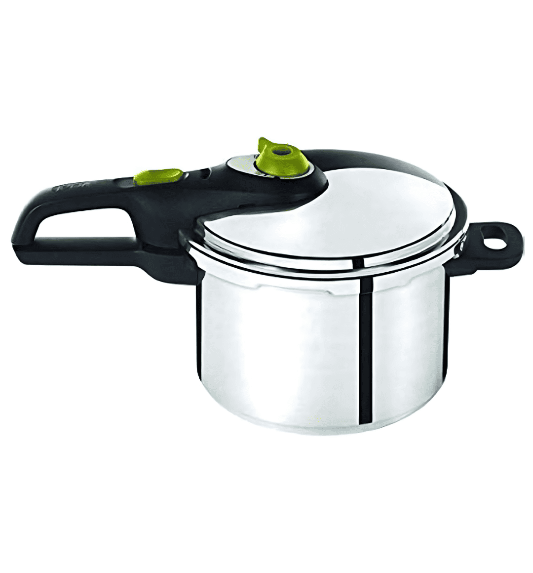 "Tefal Secure 5 Neo Pressure Cooker (6L) with stainless steel body, 5-point safety system, controlled steam release, two cooking programs, and compatibility with all cooktops, including induction."