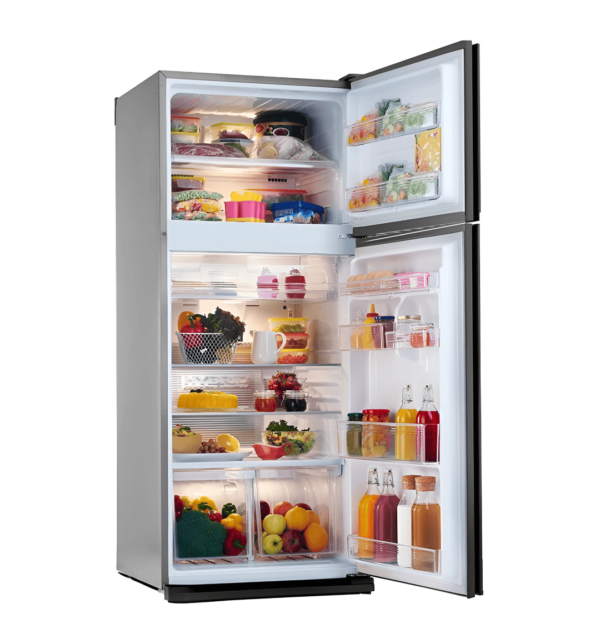 "Tornado RF-480T-SL No Frost Refrigerator – 396L, Silver Color with Hybrid Cooling System, Ag+ Nano Deodorizer Filter, Ice Maker, LED Lighting, Anti-Bacterial ABS Interior"