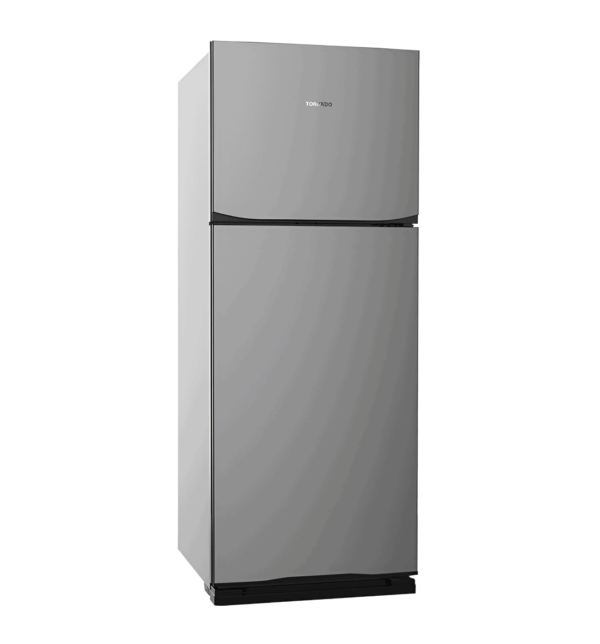 "Tornado RF-480T-SL No Frost Refrigerator – 396L, Silver Color with Hybrid Cooling System, Ag+ Nano Deodorizer Filter, Ice Maker, LED Lighting, Anti-Bacterial ABS Interior"