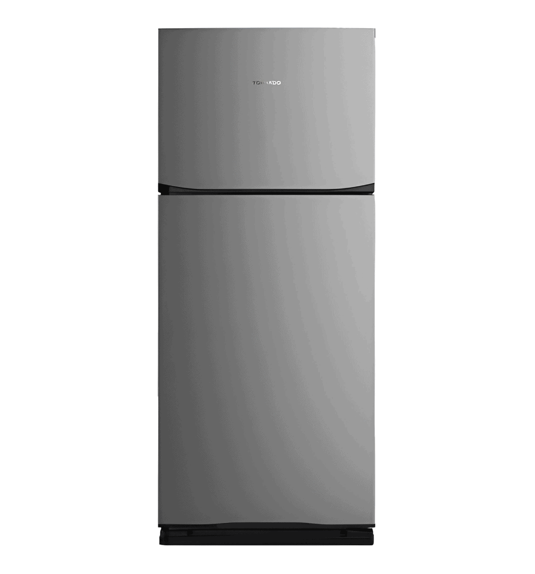 "Tornado RF-580T-SL No Frost Refrigerator – 450L, Silver Color with Hybrid Cooling System, Ag+ Nano Deodorizer Filter, Automatic Defrost, 2 Doors"