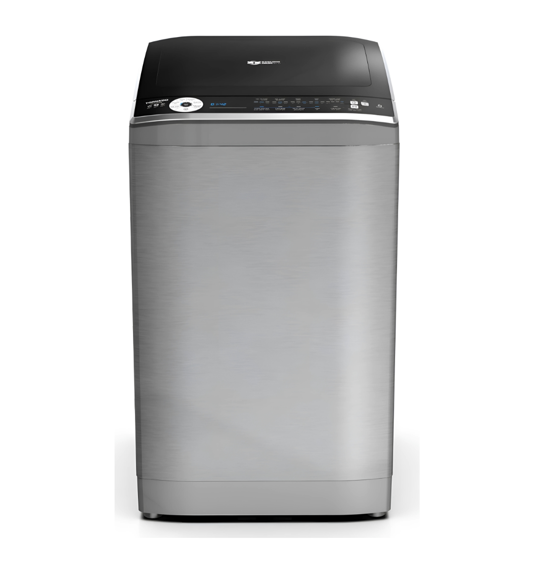 Tornado TWE-TLN09RSL Top Load Washing Machine in Silver – 9Kg capacity, automatic operation, touch control panel, multiple wash cycles, and built-in drain pump.