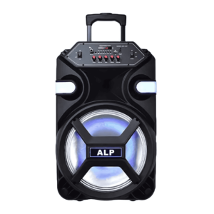 AL1204 12-inch portable trolley karaoke speaker with Bluetooth, FM radio, LED display, and wired microphone—ideal for parties and outdoor use