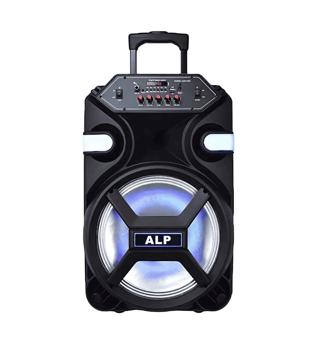 AL1204 12-inch portable trolley karaoke speaker with Bluetooth, FM radio, LED display, and wired microphone—ideal for parties and outdoor use