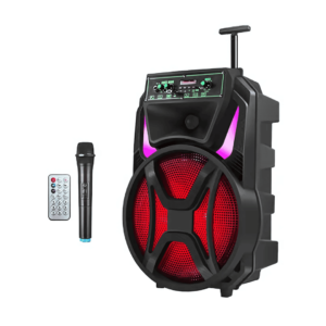 MD13-12L 12-inch wireless trolley Bluetooth speaker with USB, TF card slot, FM radio, remote control, and wired microphone—ideal for parties and outdoor entertainment.