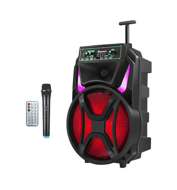 MD13-12L 12-inch wireless trolley Bluetooth speaker with USB, TF card slot, FM radio, remote control, and wired microphone—ideal for parties and outdoor entertainment.