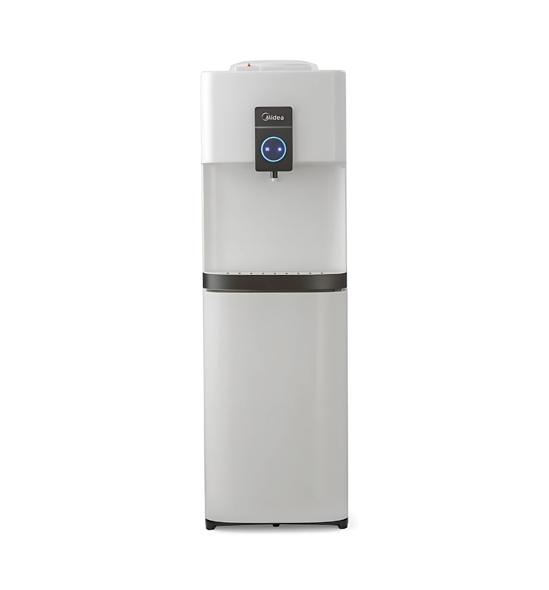 Midea YL2037S-B Water Dispenser in White – Top-loading design with hot and cold water dispensing, refrigeration compartment, and child safety lock for added protection.