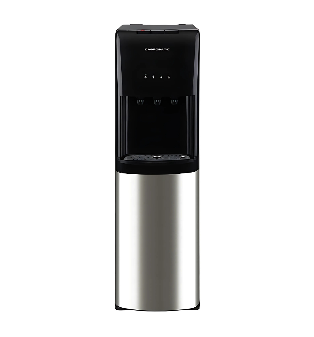 Campomatic CHP6070B Bottom Loading Water Cooler in Black Stainless Steel – Three taps for cold, normal, and hot water with a safety switch and limescale prevention.