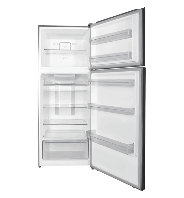"White Whale WR-4385-HB No Frost Refrigerator – 430L, Black, Energy-Efficient, Stainless Steel Doors, Automatic Defrost, Glass Shelves, A+ Energy Rating."