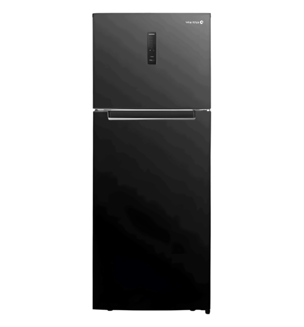 "White Whale WR-4385-HB No Frost Refrigerator – 430L, Black, Energy-Efficient, Stainless Steel Doors, Automatic Defrost, Glass Shelves, A+ Energy Rating."