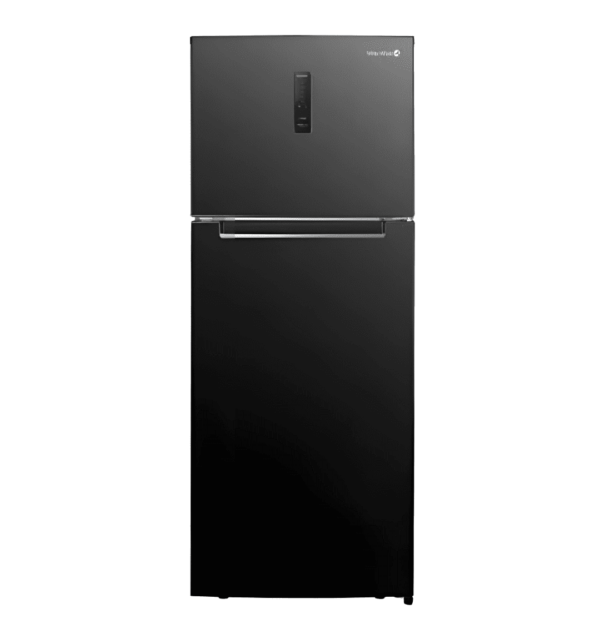 "White Whale WR-G4385HBV No Frost Top Mount Refrigerator – 430L, Black, Inverter, Digital Screen, LED Light, Tempered Glass Shelves."