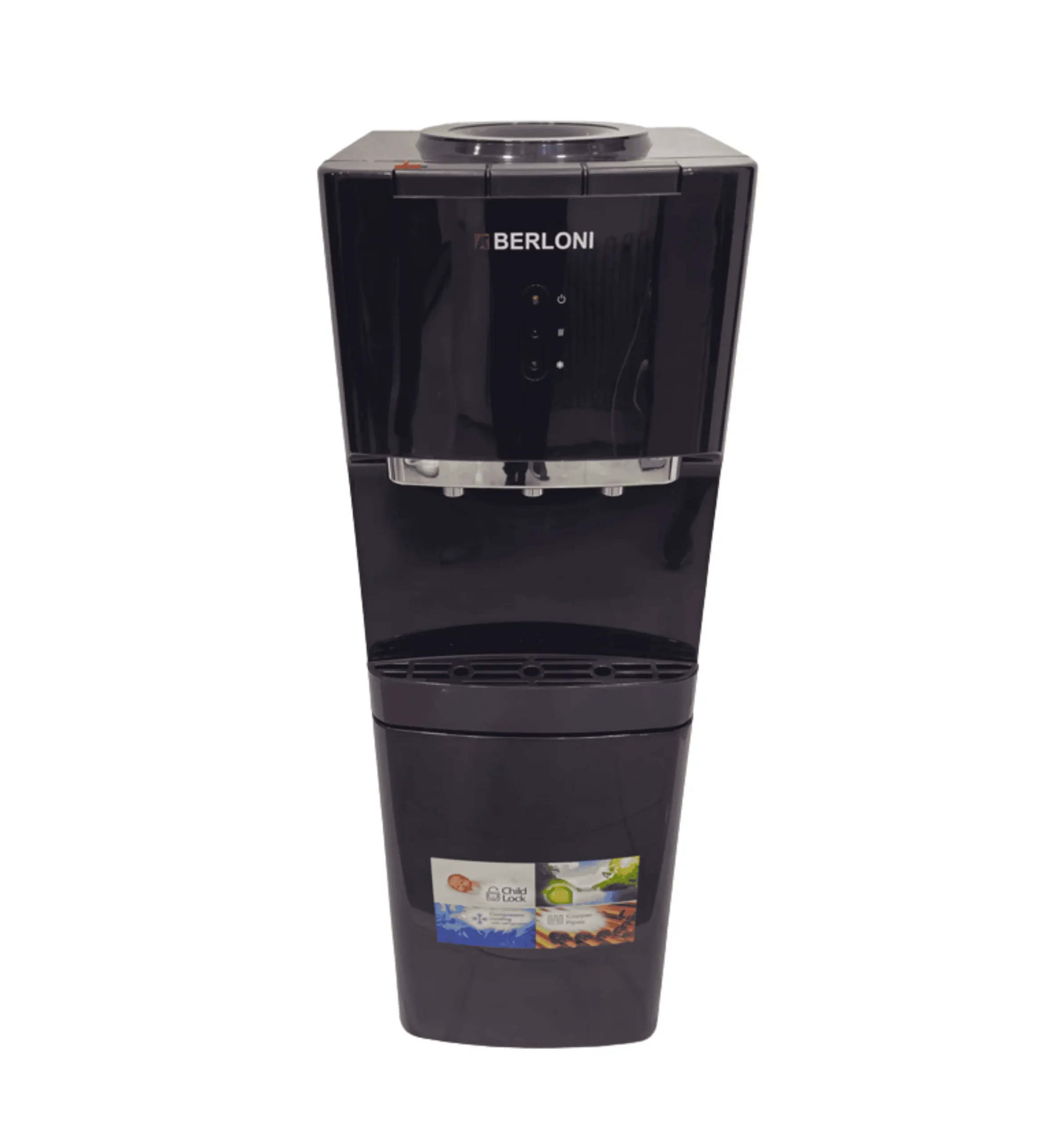 Close-up of push-tap control panel and removable drip tray on Berloni BWD903BL water dispenser