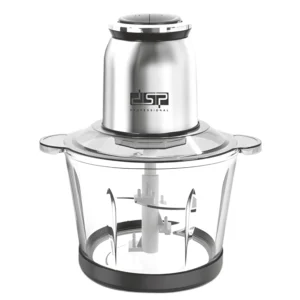 Close view of DSP KM4100 dual speed motor top and glass food chopper bowl