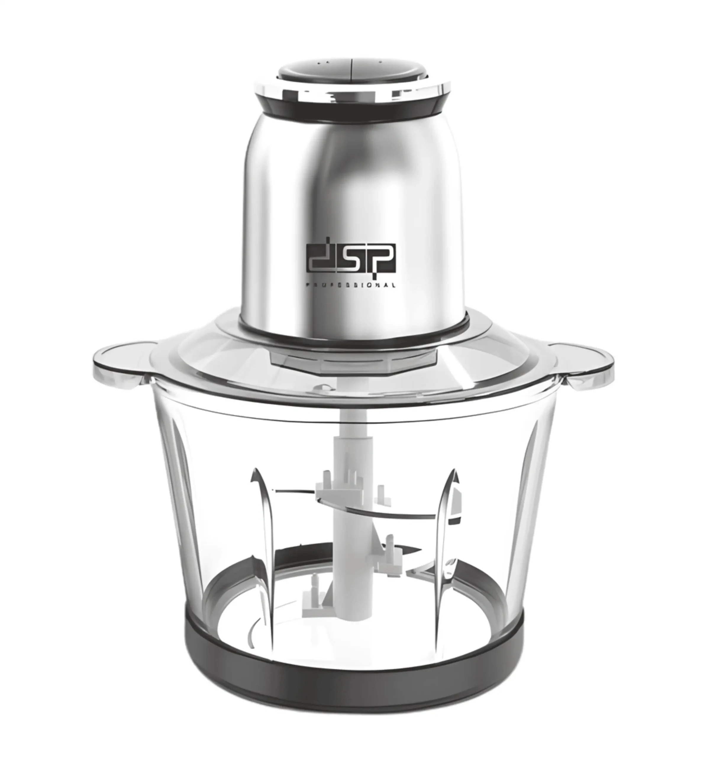 Close view of DSP KM4100 dual speed motor top and glass food chopper bowl